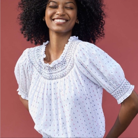 LOFT Tops - Loft Smocked Yoke Swiss Dot Blouse SZ M Cotton